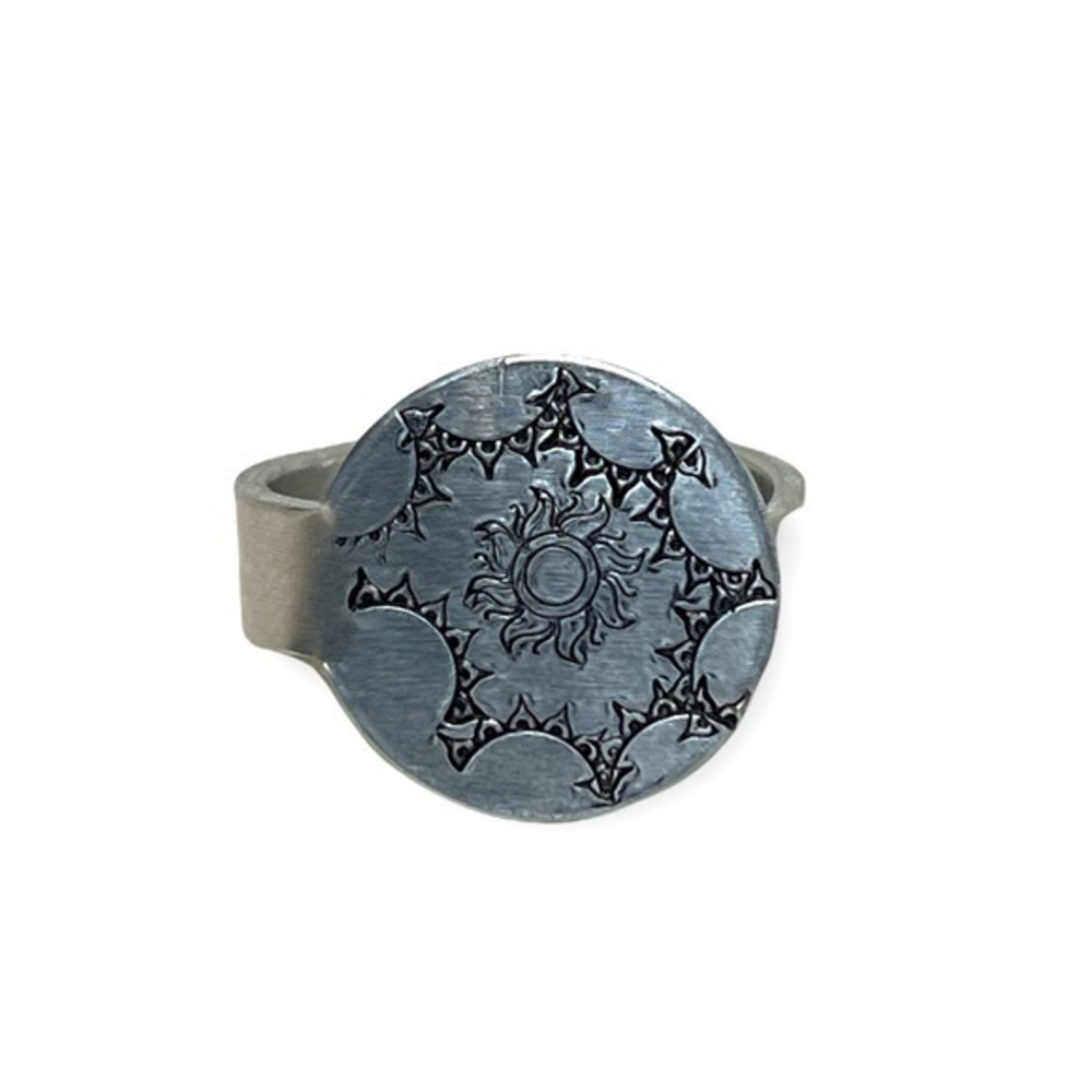 Handmade 9 stamped celestial sun silver adjustable hypoallergenic medallion ring